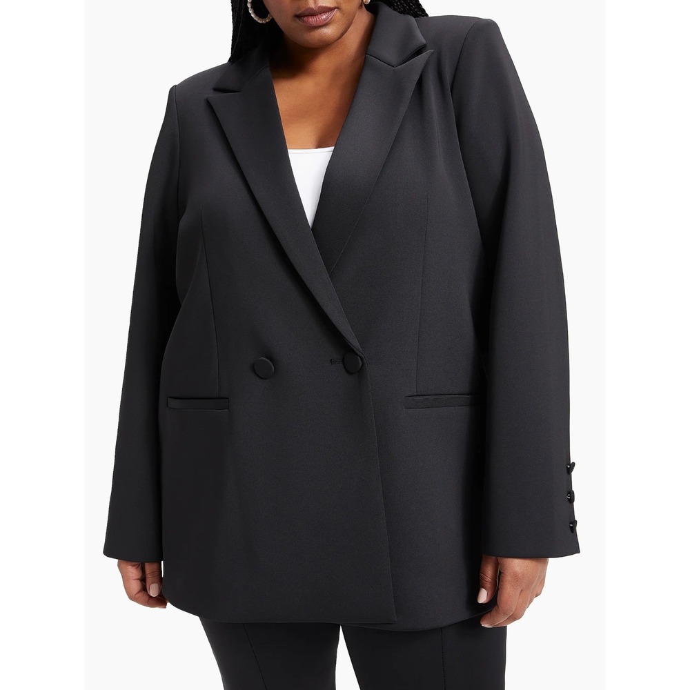 GOOD AMERICAN Black Scuba 2.0 Double-Breasted Stretch Woven Blazer | Size 4